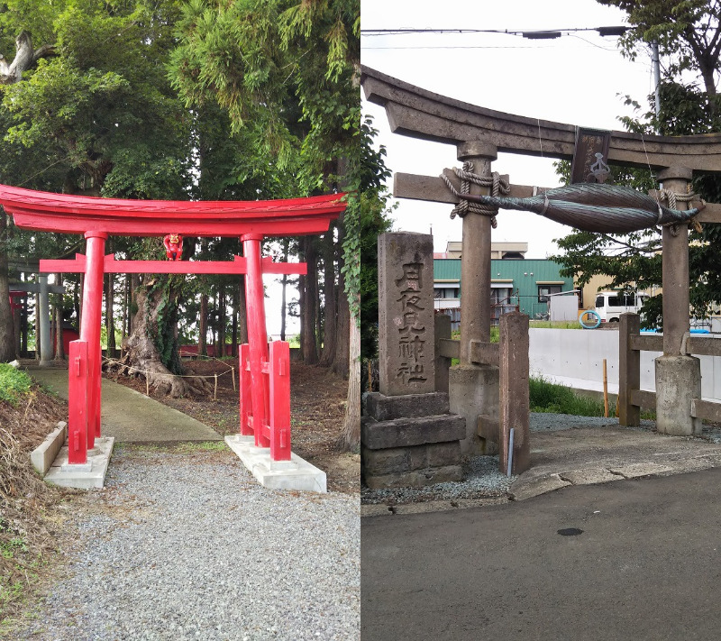 境内内の鳥居に金色の眉毛とひげの鬼コ（左側）と道路側の鳥居（右側）　撮影