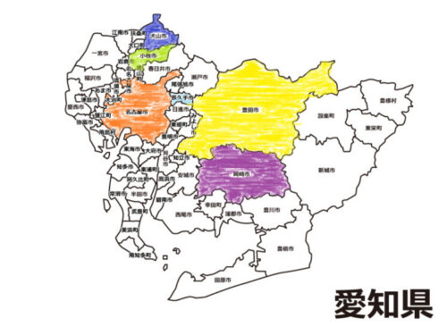 愛知県の地図　ご紹介する観光地の地図